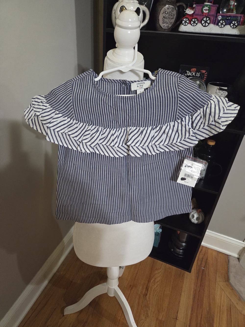 crown & ivy Navy and White Striped Ruffle Yoke Top